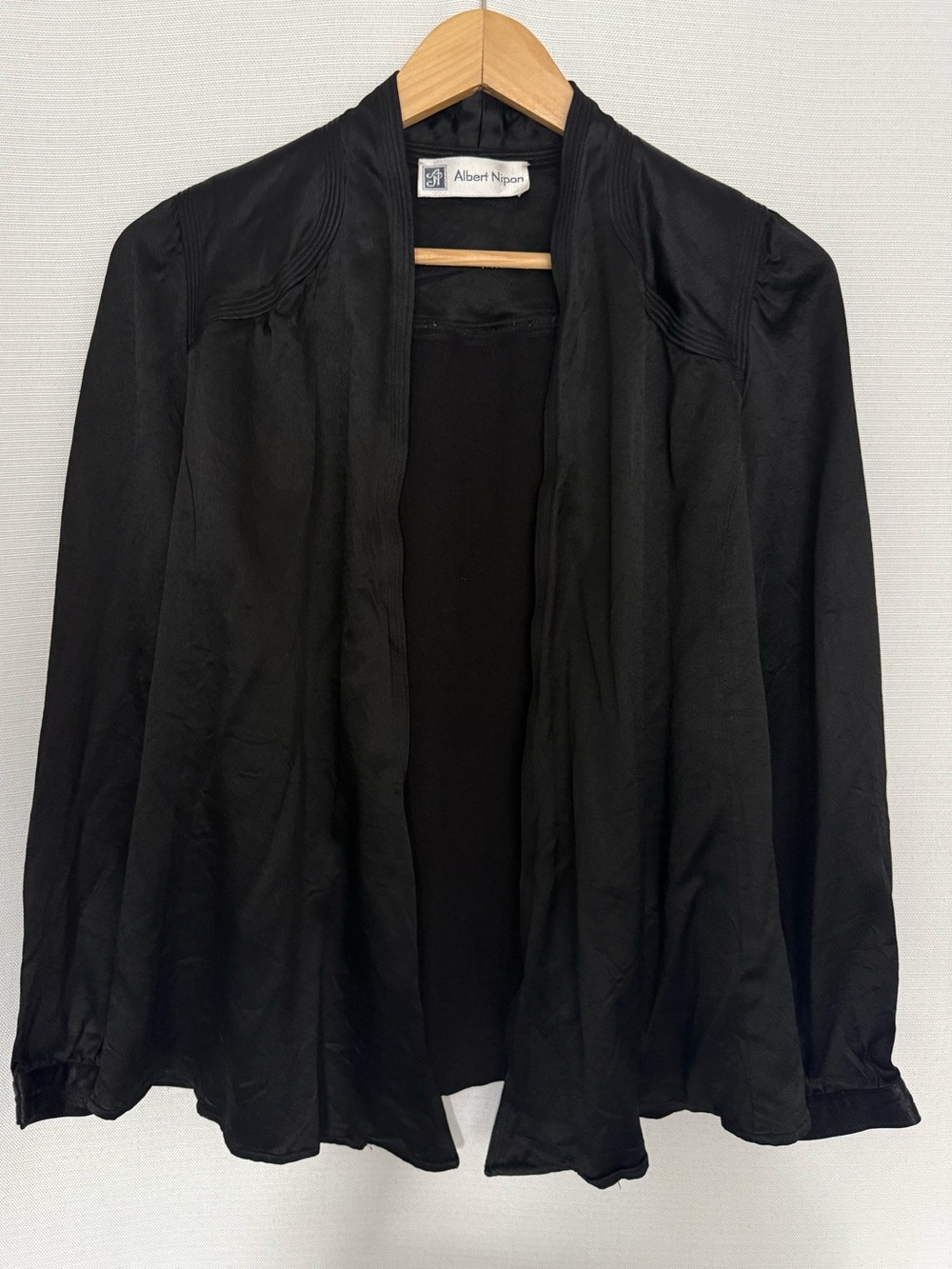 Vintage 80s Albert Nipon Black Silk Open Front Pintuck Pleated Duster Jacket 10